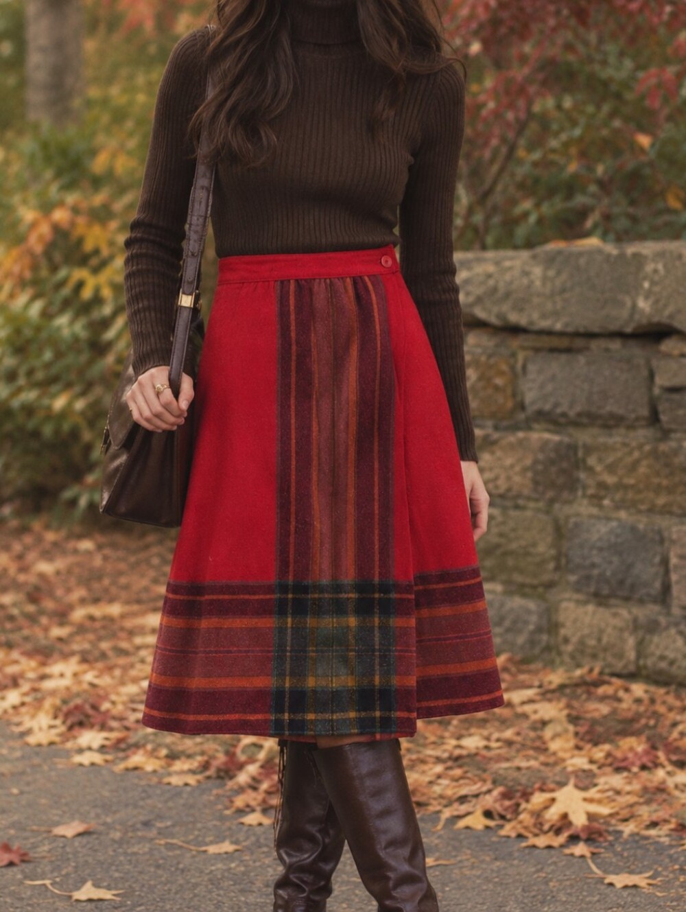 Vintage 70s Bobbie Brooks Wool A-Line Midi Wrap Skirt in Classic Red Plaid